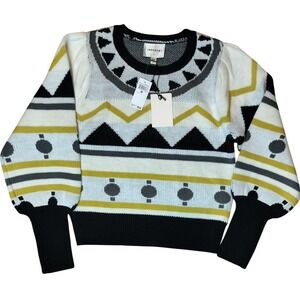 INDUSTRY Black Ivory Chartreuse Geometric Pattern Puff‎ Sleeve Women's Sweater